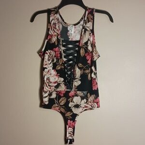 Topia Sleeveless Lace-Up Black Floral Bodysuit